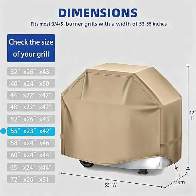 BBQ Gas Grill Cover for Outdoor, Anti-UV, Rip-Proof, 600D Oxford Fade Resistant Material, Barbecue Cover with Hook and Loop Straps & Adjustable Hem Drawstring (Beige, 55”x23”x42”)