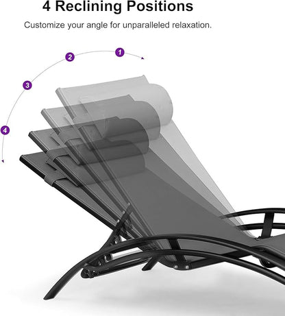 PURPLE LEAF Patio Chaise Lounge Set of 3 Outdoor Lounge Chair Beach Pool Sunbathing Lawn Lounger Recliner Chiar Outside Tanning Chairs with Arm for All Weather, Side Table Included, Black