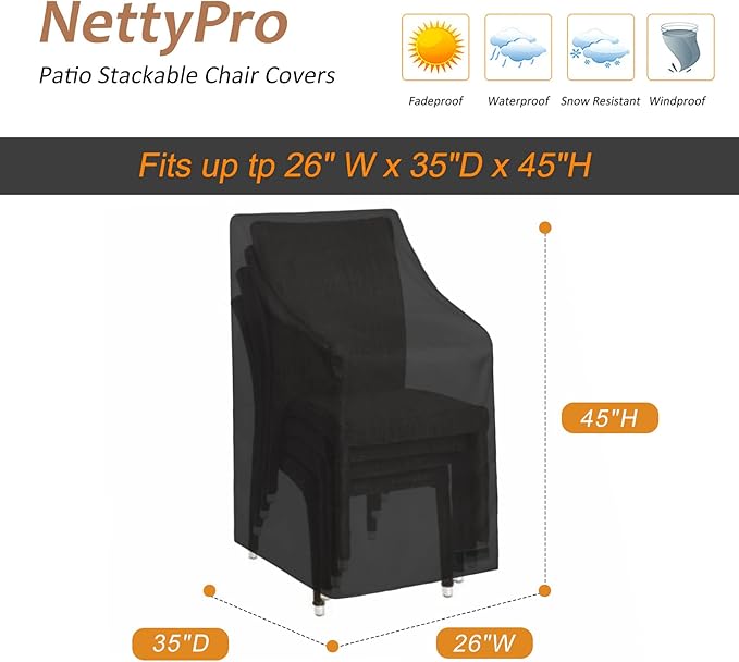 NettyPro Stackable Patio Chair Covers Waterproof Outdoor Patio Furniture Stacking Chair Cover, Fits for 4-6 Stack Dining High Back Chairs, 26" W x 35" D x 45" H, Black