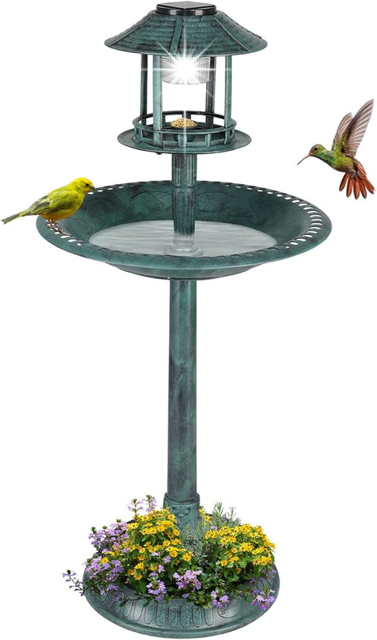 Outvita Outdoor Bird Bath, Garden Bird Baths Decorations with Solar-Powered Lamp and Resin Pedestal Flower Planter Base Bird Feeder for Yard Patio