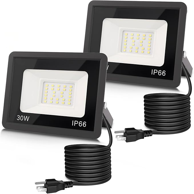 L LOHAS LED 30W Dusk to Dawn Floodlight, IP66 Waterproof Plug in Floodlights, 6000K Daylight Work Light, Security Lights for Yard, Garage, UL Listed, 2Pack