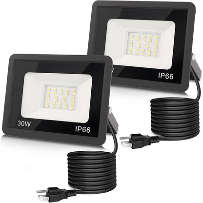 L LOHAS LED 30W Dusk to Dawn Floodlight, IP66 Waterproof Plug in Floodlights, 6000K Daylight Work Light, Security Lights for Yard, Garage, UL Listed, 2Pack