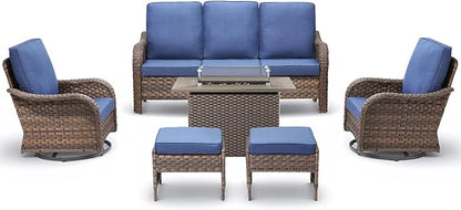Patio Furniture Set with 42.5" Fire Pit Table-6 Pieces All Weather Wicker Outdoor Furniture with High Back Swivel Patio Chairs Set of 2 Outdoor Couch for Deck Balcony Backyard Brown/Blue