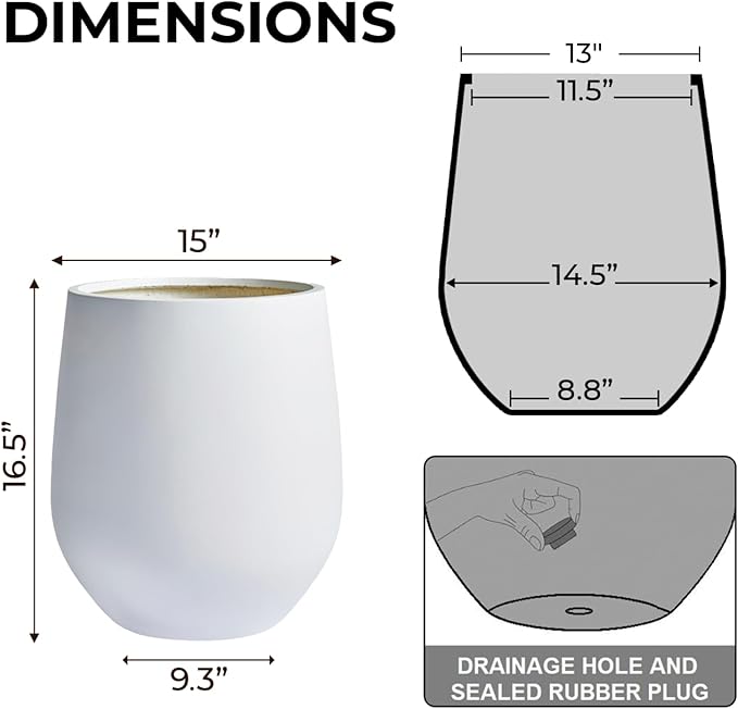 16.5" H x 15" D Corso Fiberstone Round Tapered Planter - Christmas Tree Planter, Smooth Finishes, Weather Resistant for Indoor & Outdoor Use, 2 Extra Coco Mats (White, 11.5" Pot Opening)