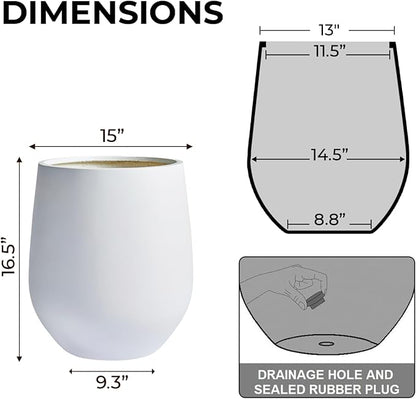 16.5" H x 15" D Corso Fiberstone Round Tapered Planter - Christmas Tree Planter, Smooth Finishes, Weather Resistant for Indoor & Outdoor Use, 2 Extra Coco Mats (White, 11.5" Pot Opening)