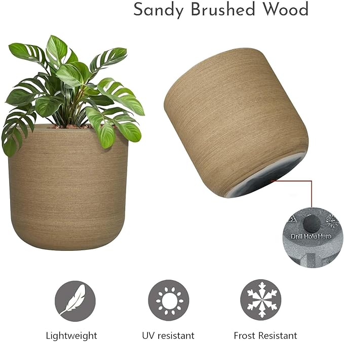 11" H Plant Pot, Resin Sandy Brushed Wood Texture Flower Planters with Drain Hole, Removable Rubber Stopper - for Most Plants and Flowers