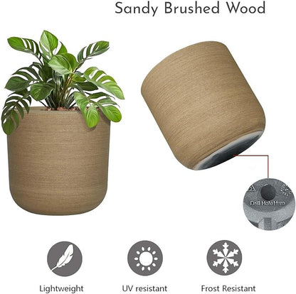 11" H Plant Pot, Resin Sandy Brushed Wood Texture Flower Planters with Drain Hole, Removable Rubber Stopper - for Most Plants and Flowers