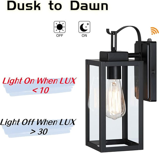 WISBEAM 13.7in Black Outdoor Wall Lantern, Dusk to Dawn Outdoor Wall Sconce, E26 Base 60W Max, Metal Housing Plus Glass, ETL Qualified, Bulbs not Included
