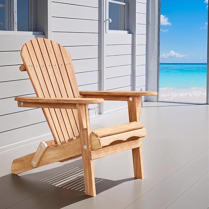 Adirondack Chairs Set of 2, Folding Wooden Adirondack Chair, Fire Pit Chairs, Outdoor Lounge Furniture for Yard, Garden, Patio (Natural)