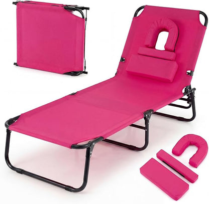 Giantex Tanning Chair, 350lbs Adjustable Patio Lounge Chair with Face Hole, Removable Pillows, Carry Strap, Folding, Outdoor Chaise Lounge for Layout Beach Poolside Lawn, Pink