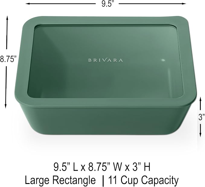 Glass Food Storage Container with Lid, 11-Cup Large Rectangle | Microwave-Safe Airtight Lid, Oven-Safe Ceramic-Coated Glass | Zero Plastic, No PFAS/PFOA/BPA, Reusable [Pine]