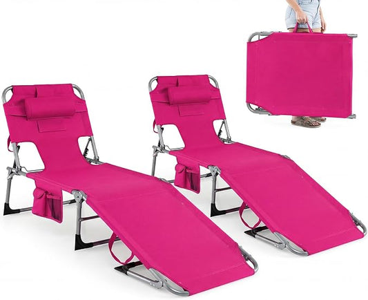 GYMAX Tanning Chair with Face Hole, Sun Bathing Lounge Chairs for Outside with Side Pocket, Folding Portable Face Down Layout Tanning Chair Beach, Backyard, Poolside, Lawn (Pink,2)