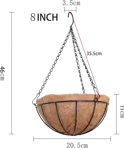 8 inch Metal Hanging Baskets For Plants Outdoor 4 Pack Round Metal Wire Hanging Basket Planter with Coco Fiber Liners Chain Round Wire Plant Holder for Garden, Patio, Deck, Porch Plants Flower Potss