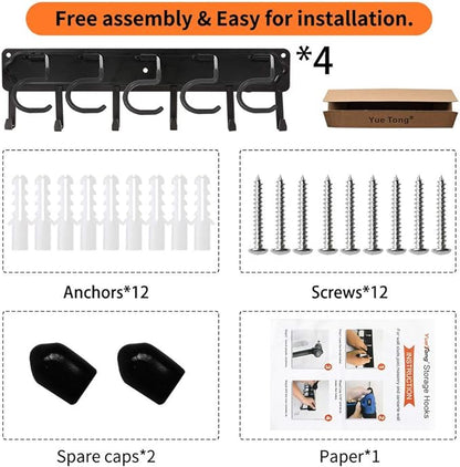 YueTong 68" All Metal Garden Tool Organizer,Adjustable Garage Wall Organizers and Storage,Heavy Duty Wall Mount Holder with Hooks for Broom,Rake,Mop,Shovel(4 Pack)