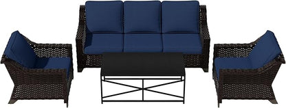 Vista Vibe 4 Pieces Outdoor Patio Conversation Furniture Set - 78" 3-seat Sofa | 2 Chairs | Metal Coffee Table, Deep Seat Loveseat, Removable Cushions, PE Rattan Couch, Lawn (Brown/Navy)