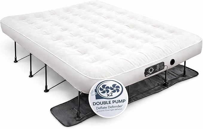 Ivation EZ®-Bed (Queen) Inflatable Air Mattress with Frame & Rolling Case, Built-in Deflate Defender™ Dual Pump Technology - 3 Min Self Inflate/Deflae Raised Blow up Bed on Legs, Premium Coil Design