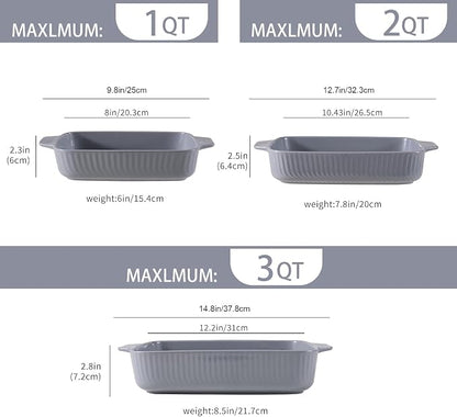 Yachi Ceramic Casserole Dishes for Oven Set of 3 Pcs Rectangular Bakeware Set with Handle for Steak Beef Baking Pan Roast Chicken spaghetti Lasagna Pan vegetables Microwave Oven and Dishwasher Safe Gray (14.8''/12.7''/9.8'')
