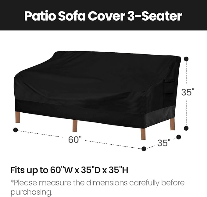Vailge Heavy Duty Patio Sofa Cover, 100% Waterproof 3-Seater Outdoor Sofa Cover,Lawn Patio Furniture Covers with Air Vent and Handle (Black, 60"Wx35"Dx35" H)