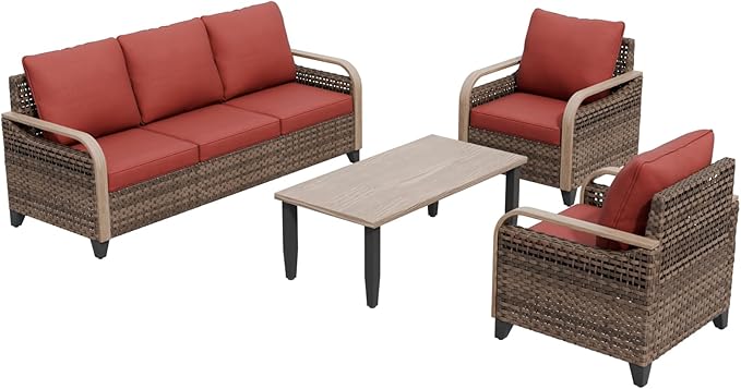 COOS BAY Modern Wicker Outdoor Furniture Set, Patio Conversation Set with Patio Chairs, 3 Seat Couch, and Side Table, 4 Piece, Brown/Red