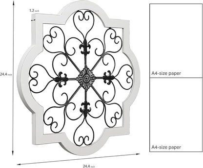 Sintosin Vintage Wrought Iron Wall Decor 24", Hanging Distressed Black and White Rustic Iron Wall Art, Farmhouse Decorative Wood and Metal Wall Decor for Living Room Bedroom Fireplace Hallway
