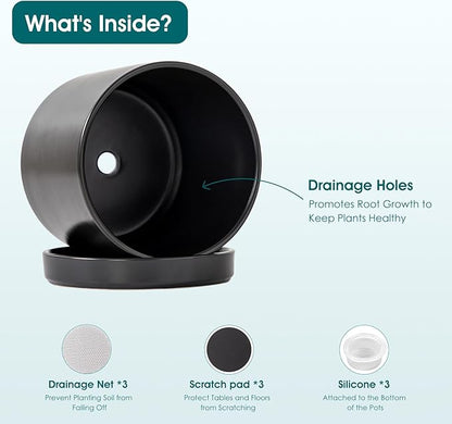 vancasso Ceramic Planters, Plant Pots for Indoor Plants, 6.25+8.25+10.25 Inch Ceramic Pots for Plants, Flower Pots with Drainage Holes (Black, 6.25+8.25+10.25 Inch)