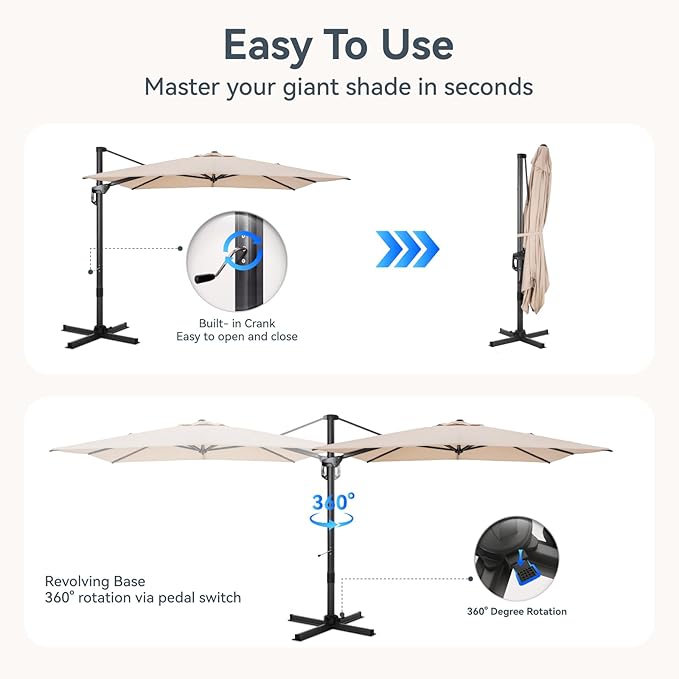 GREEN PARTY 10x10 ft Cantilever Patio Umbrella, Rectangle Offset Outdoor Umbrellas with 360° Rotation, 5-Year-Non-Fading Hanging Pool Umbrella for Garden Deck Poolside - Beige