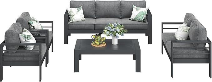 LayinSun Outdoor Aluminum Furniture Set, 5 Pieces Patio Sectional Conversation Chat Sofa Modern Seating Set with Coffee Table