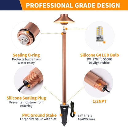 Gardenreet Brass Low Voltage Copper Garden Lights, Outdoor Pathway Light, 12V LED AC/DC Bronze Hat Top Path Lamp for Sideway House Walkway with 3W 270LM 5000K G4 Bulb 8 Pack