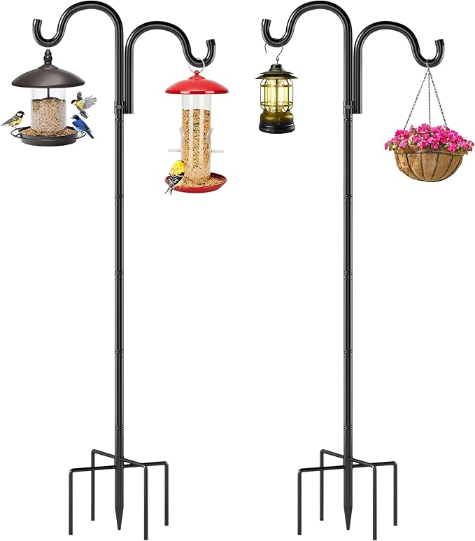 Double Shepherds Hooks for Outdoor, 92" Heavy Duty Bird Feeder Pole with 5 Prong Base, Adjustable Shepherds Hook for Bird feeders Outside, Garden, Weddings, Hanging Plants, 2 Pack, Black