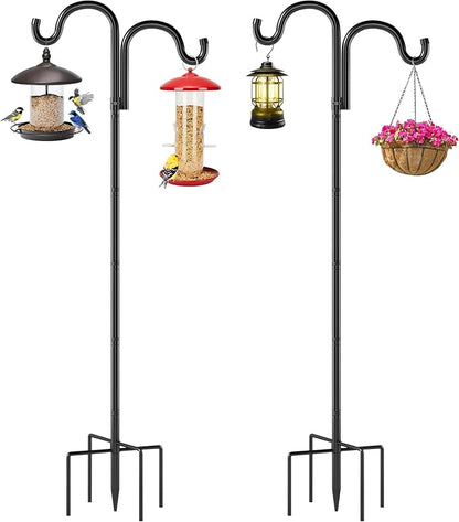 Double Shepherds Hooks for Outdoor, 92" Heavy Duty Bird Feeder Pole with 5 Prong Base, Adjustable Shepherds Hook for Bird feeders Outside, Garden, Weddings, Hanging Plants, 2 Pack, Black