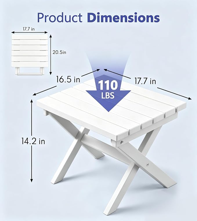 PASAMIC Folding Outdoor Side Table, HDPE Outdoor End Table, All-Weather Patio Table with 17.7" Wide Tabletop, No Assembly, for Porch, Deck, Poolside, White