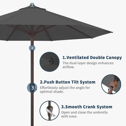 10FT Patio Umbrella Outdoor Market Umbrella with Crank and Tilt, 8 Flexible Fiberglass Ribs, UV-Resistant Waterproof Canopy for Patio, Deck, Garden, Backyard, Gray