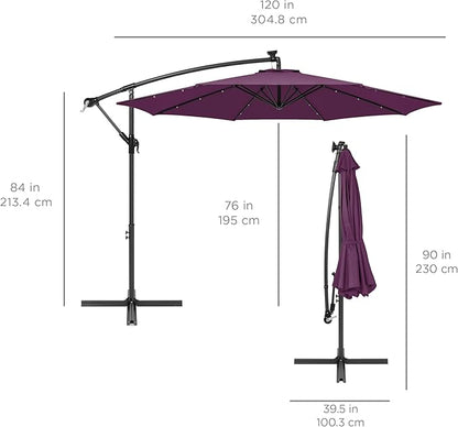 Best Choice Products 10ft Solar LED Offset Hanging Market Patio Umbrella for Backyard, Poolside, Lawn and Garden w/Easy Tilt Adjustment, Polyester Shade, 8 Ribs - Amethyst Purple