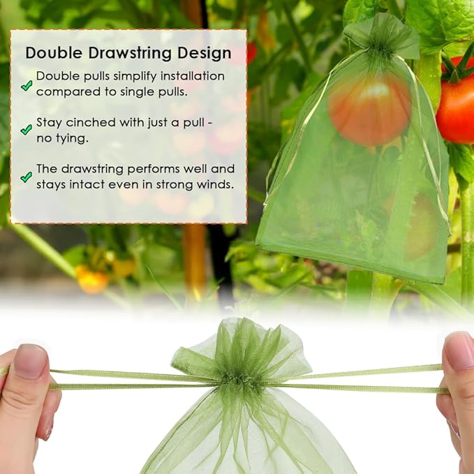 Shintop 100PCS Fruit Protection Bags, 7x10 Inch Green Mesh Fruit Tree Bags Drawstring Garden Netting Cover Pest Barrier for Apples, Mango, Tomatoes