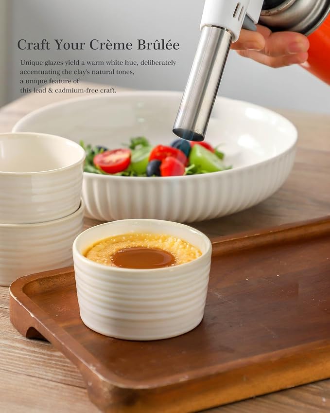 Hasense 4 oz Ramekins Oven Safe, Ceramic Creme Brulee Bowls Set of 6, Mini Baking Dishes for Souffle Pudding, Serving Dip, Custard, Ice Cream, Clay-Infused White