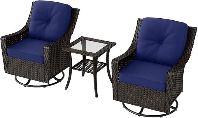 COOS BAY Stone Harbor Patio Bistro Set, 3 Piece Rattan Patio Table and Chairs Set, Wicker Swivel Rockers with Side Table, Small Balcony Furniture Set, Brown/Blue