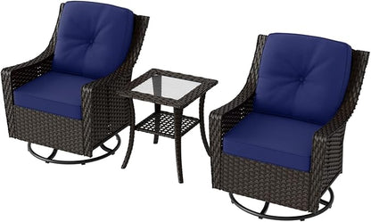 COOS BAY Stone Harbor Patio Bistro Set, 3 Piece Rattan Patio Table and Chairs Set, Wicker Swivel Rockers with Side Table, Small Balcony Furniture Set, Brown/Blue