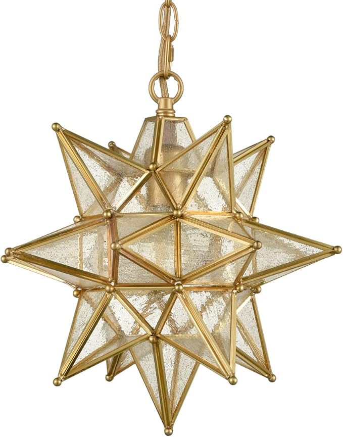 DIRYZON Modern Moravian Star Pendant Light Gold Hanging Ceiling Light Seeded Glass Pendant Lighting for Kitchen Island，13-Inch
