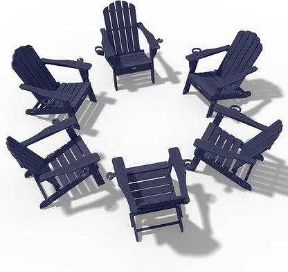 Adirondack Chairs Set of 6, Fire Pit Chairs, Wood Texture Patio Chairs with 2 Cup Holder, Outdoor Lawn Chair, Dark NavyBlue