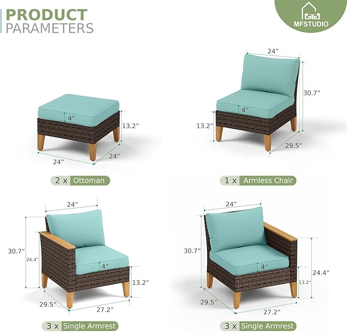 MFSTUDIO 9 Piece Extra Large Wicker Patio Furniture Set, 2 x Loveseat Sofa, 2 x Ottoman, 3-Seat Sofa, All-Weather Outdoor PE Rattan Patio Conversation Set for Garden, Backyard(Aqua Blue Cushions)