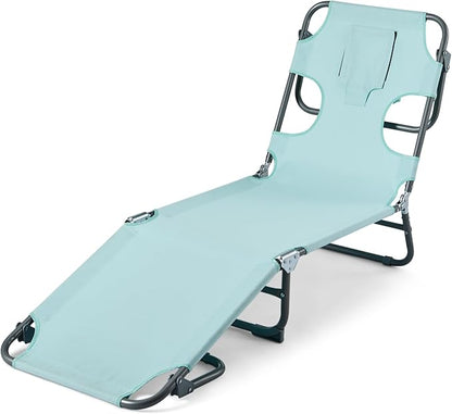 Amazon Basics Outdoor Lounge Tanning Chair, Foldable Chaise with Multi-Angle Backrest, Quick-Drying Polyester, Portable with Carry Strap, Blue, 1-Pack