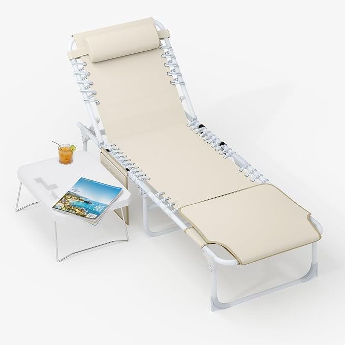 Garvee Tanning Chair with Face Hole, 3-in-1 Outside Beach Lounge Chair with Folding Table, 5 Reclining Positions and Removable Pillow, for Beach, Pool, Patio, Garden -Max 330lbs (Beige)