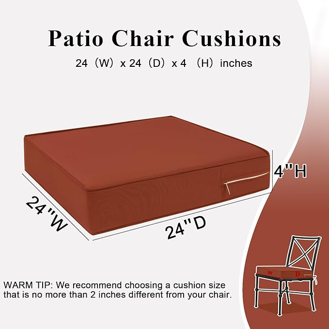Outdoor Chair Cushions 24x24x4 Inch, Waterproof Spice Patio Furniture Cushions Set of 2 with Ties & Handle, 3 Year Color Fastness Square Replacement Seat Cushions for Sofa, Couch