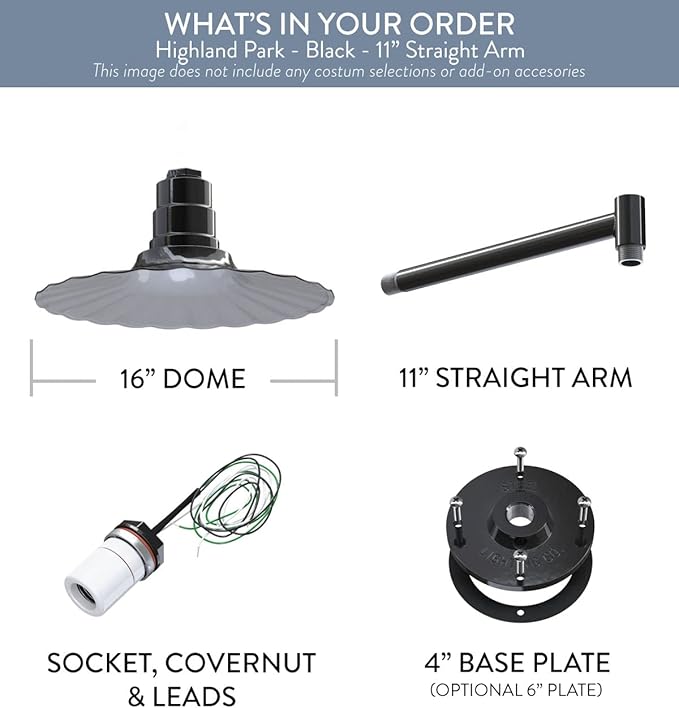 Steel Lighting Co. Highland Park Barn Light | Outdoor Wall Mounted | 16 inch Radial Wave | 11 inch Straight Arm | Vintage Style Made in America | Black Exterior/White Interior