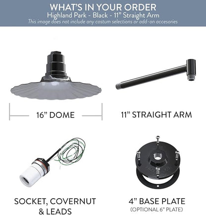 Steel Lighting Co. Highland Park Barn Light | Outdoor Wall Mounted | 16 inch Radial Wave | 11 inch Straight Arm | Vintage Style Made in America | Black Exterior/White Interior