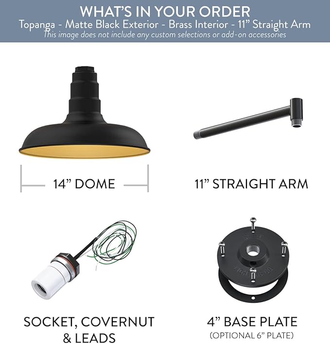 Steel Lighting Co. Topanga Barn Light | Outdoor Wall Mounted | Farmhouse Garage Light Made in America | 14 inch Dome | 11 inch Straight Arm | Matte Black Exterior/Brass Interior