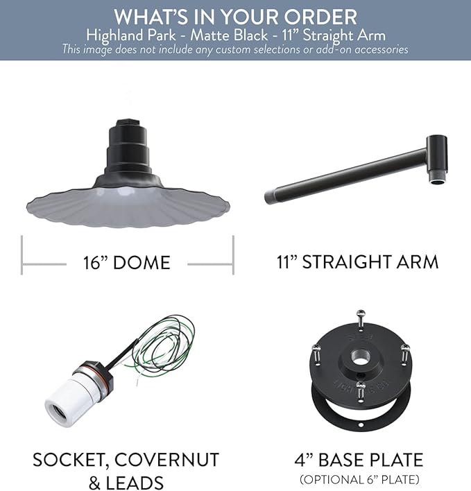 Steel Lighting Co. Highland Park Barn Light | Outdoor Wall Mounted | 16 inch Radial Wave | 11 inch Straight Arm | Vintage Style Made in America | Matte Black Exterior/White Interior