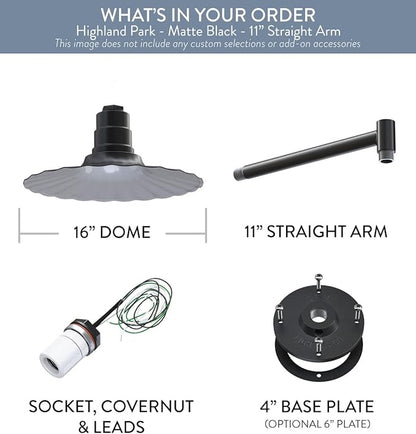 Steel Lighting Co. Highland Park Barn Light | Outdoor Wall Mounted | 16 inch Radial Wave | 11 inch Straight Arm | Vintage Style Made in America | Matte Black Exterior/White Interior