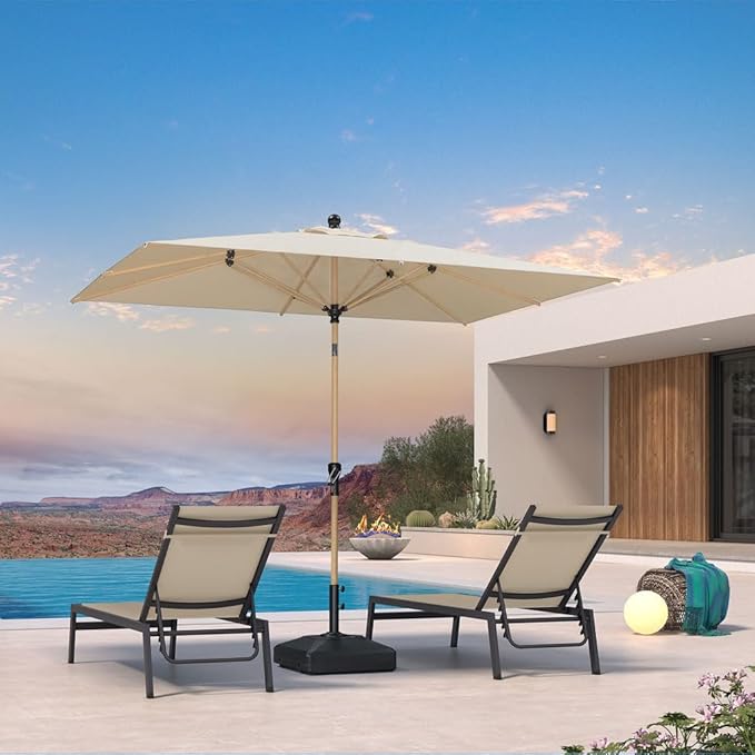 PURPLE LEAF 6' x 9' Market Umbrella Outdoor Table Umbrella Aluminum Patio Umbrella with Push Button Tilt & 8 Sturdy Ribs and Crank Rectangular Sun Umbrella for Pool Backyard Beach, Beige