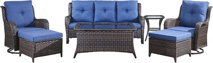 Wicker Patio Furniture-7 Pieces Rattan Patio Furniture Set Outdoor Patio Couch with Swivel Patio Chairs Ottomans and Coffee Table for Deck Poolside Backyard-Brown/Blue